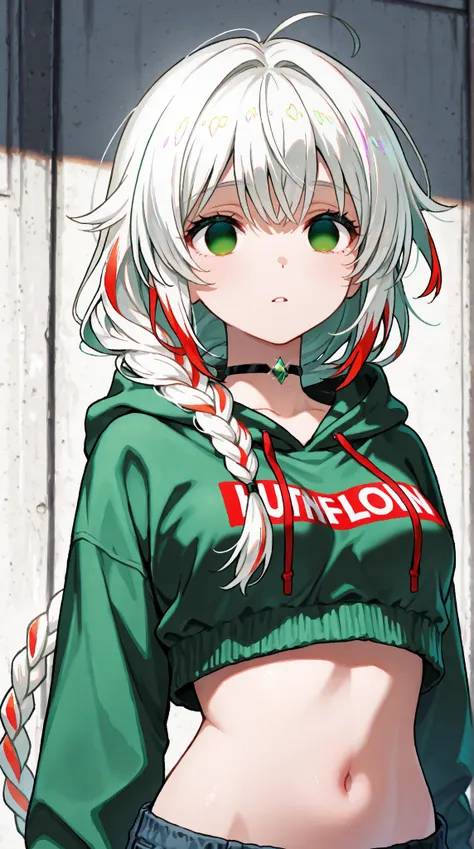 (high quality, ultra-detailed), female, white hair with few red highlights strands, single long braid starts below the neck and all the way down the end of the back knee, solo, emerald eye color both empty eyes, anatomically correct, medium breast, short h...