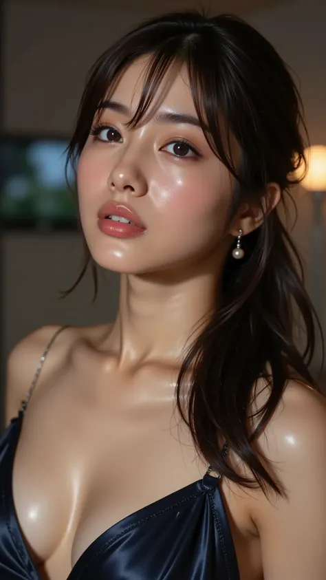 A sexy and seductive Japanese girl who won the Miss Japan Grand Prix, She is in her room while making the model pose  in the mid night., ((She applies an excessive amount of liquid oil on her face and full body.:1.5)), (Looking at above, Raise your face up...