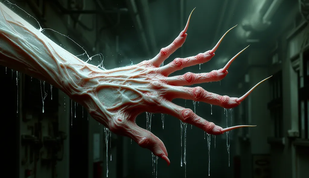 k ultra-detailed body horror: Woman's hand mid-transformation into porcelain doll skin, flesh cracking to reveal white ceramic beneath, blood droplets frozen in mid-air, veins turning into black embroidery threads. Hyper-realistic sweat and tear droplets, ...