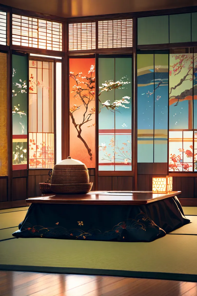 Kotatsu in a modern Japanese room, The tangerine basket on top of the kotatsu