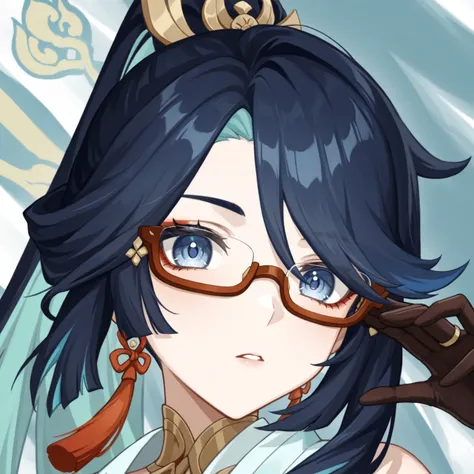 Anime girl with blue hair and glasses with brown gloves, Onmyoji portrait,  Ayaka from Genshin Impact , Onmyoji,   Genshin Impact character  , Genshin Impactのキャリング, genshin, Genshin Impact&#39;s Zhongli,  Ayaka from Genshin Impact ゲーム, Genshin Impact Wind,...