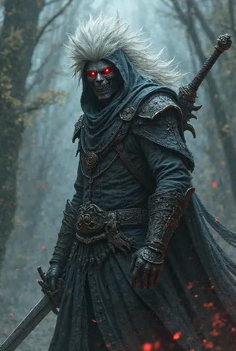 ager with sword on his back and a mask on the side of his head with white messy hair and red and blue demon eyes and white and black hoddie on



