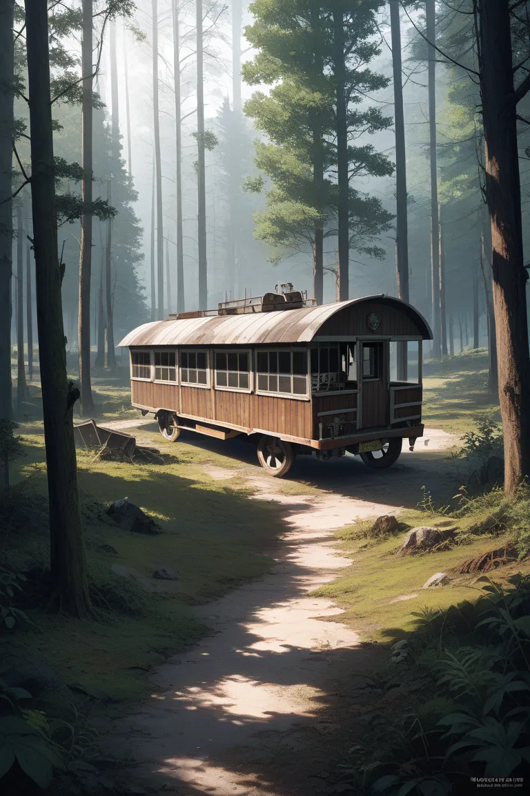 An abandoned wagon in the middle of the forest in the dark, a train car