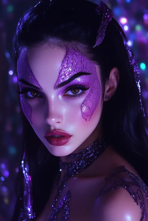 Realistic single face photo of a beautiful woman MEGAN FOX STYLE with European features, long and perfect very LACEÓ jet-black LACEÓ hair styled in perfect slings without imperfections, flushed cheeks red lips, artistic makeup bright purple shadows with lo...