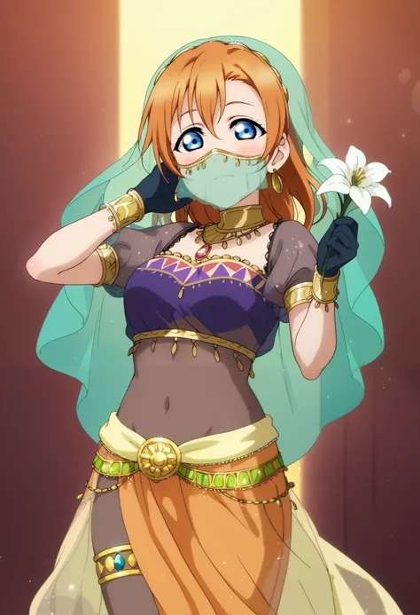 anime style, love live,kousaka honoka , love live, blue eyes, orange hair,earrings, (blushing) , standing, gentle expression. Wearing Arabian style clothes, green veil with golden ends, purple blouse, black bodysuit under clothes,green puffy sleeves golden...