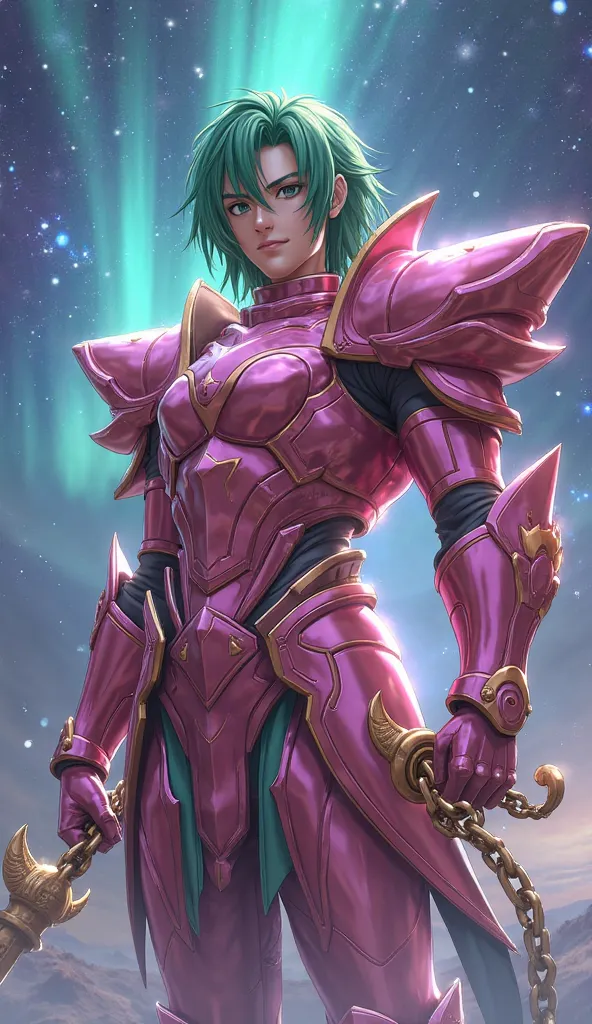 Shun, the Bronze Horseman of Andromeda from the anime The Knights of the Zodiac, in an ultra realistic style, como se fosse um live action. He wears Andromeda's iconic Bronze Armor, with an intense pink metallic sheen and refined details, reflecting his pr...