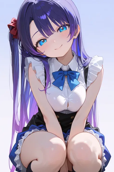 (Best quality, 4k, 8k, high resolution, masterpiece:1.2),1loli girl,delightful,Smile lightly、head tilt,(squatting),(school idol clothes),beautiful,cowboy shot, (),(hair flowing over),Large open legs,,(glowing purple hair:.1.5),deep blue hair,long hair,slim...