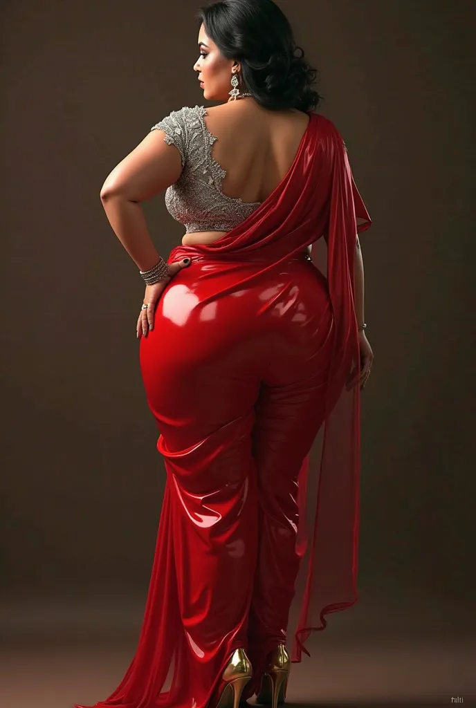 Very Big boobs and very big ass indian woman in red Latex saree with revealing siver latex blouse with golden high heels, left hand rested on her hip, seen from behind