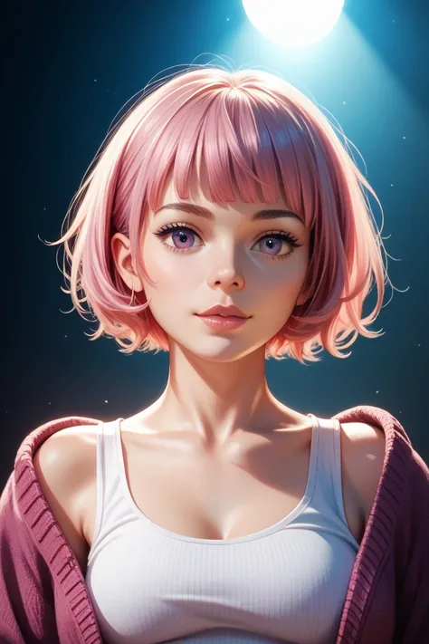 A girl in a dim room smiling in a tank top with a short bob and short pink hair with split abs and a cardigan