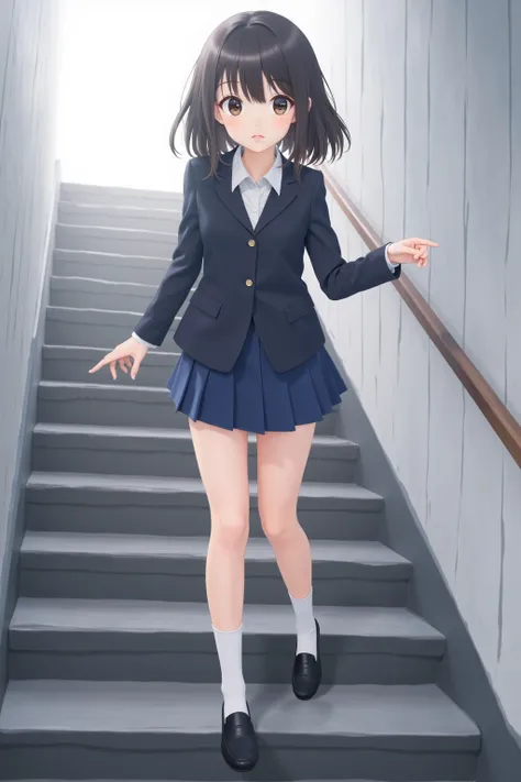 　 best image quality、score_9,  score_8_ up 、masterpiece、 real 、 back view、from below、1 Japanese girl、female high school students、uniform、 blazer、(miniskirt:1.3)、(wind lift, panties:1.4)、Thigh Highlighted、loafers、 station stairs、