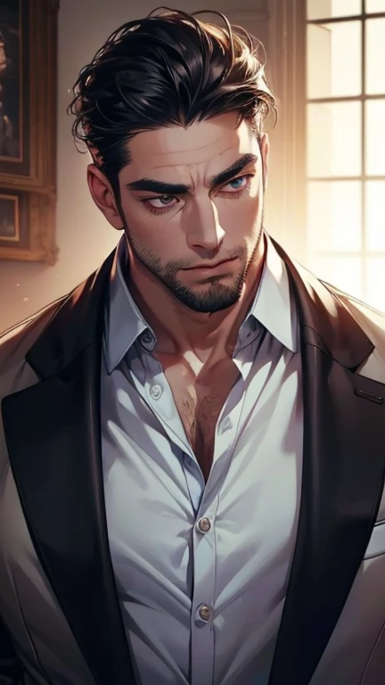 (    best quality,4K,8k,      highres,    masterpiece :1.2),    ultra-detailed    ,(Realistic,photoRealistic,photo-Realistic:1.37),36-year-old man,3 day beard,Beautiful anime,Portraits,strong,masculine,       with black hair  ,sharp jaw,           mesmeriz...