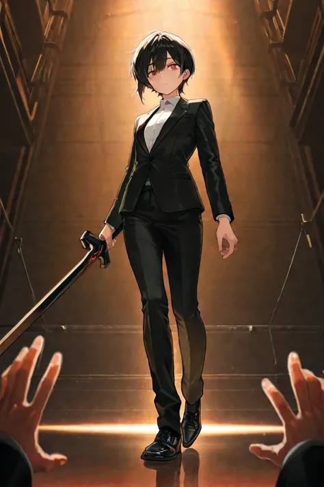 Cosply :  black hair,Short Hair,A beautiful boy in his s,Normal Human,excellent style,Petite,Red Eyes,white shirt,black suit, black pants ,Black leather shoes,)Twilight Background,has a black long sword in his hand, studio lighting,( masterpiece, exhaustiv...