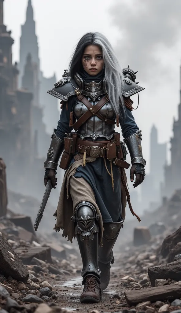 Warhammer 40k homeless girl walking solo on a battle from w40k lore in simple black torn rags. (The character has long two toned black and white hair).