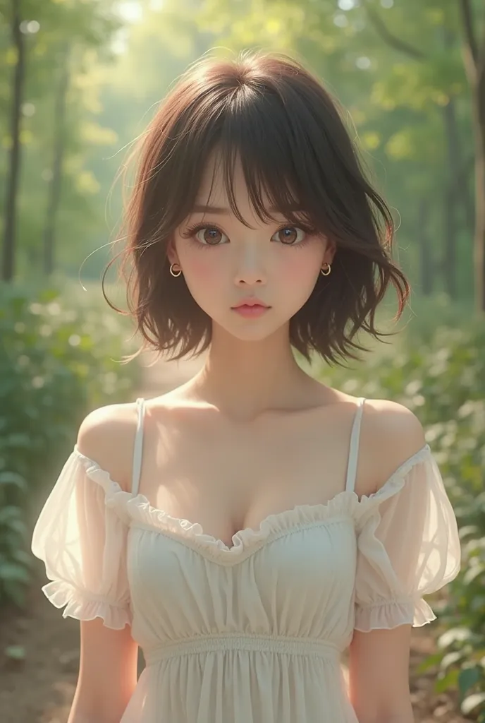 Photorealistic，Ultra high definition，Highest quality，Best Quality，8k，RAW Photos，Super detailed，Ultra-high resolution，(Amazingly cute Japanese real girl)，whole body，1 person，Facing forward，Early morning in the forest，Bright sunlight pours in，Backlight，White...