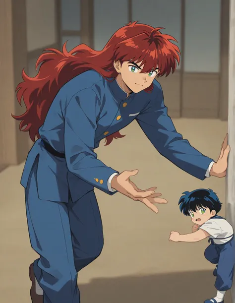 One little 11 boy that is a sixth grade primary school student. He has short curly red hair with green eyes with blue uniform. He is daring. Handsome. Kind. Inuyasha anime character art style. High quality. 