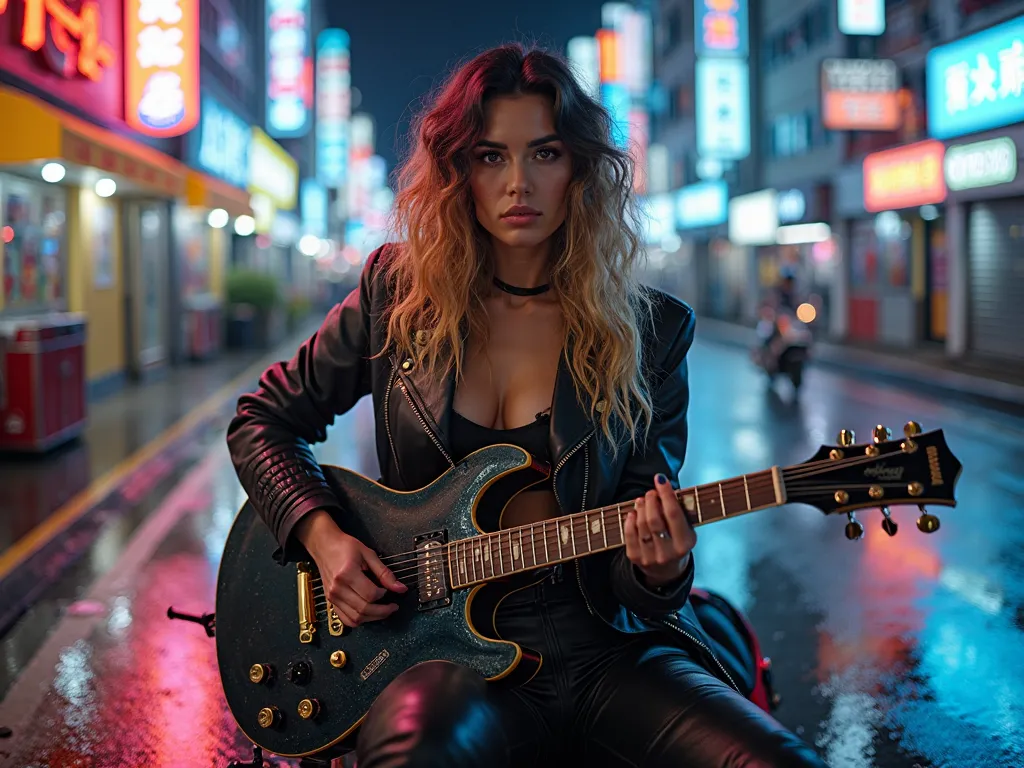 A stunningly beautiful woman with long, curly hair transitioning from blonde to black sits confidently on a powerful, masculine motorbike. She is playing a guitar, her fingers skillfully strumming the strings. She wears a stylish jacket left slightly open,...