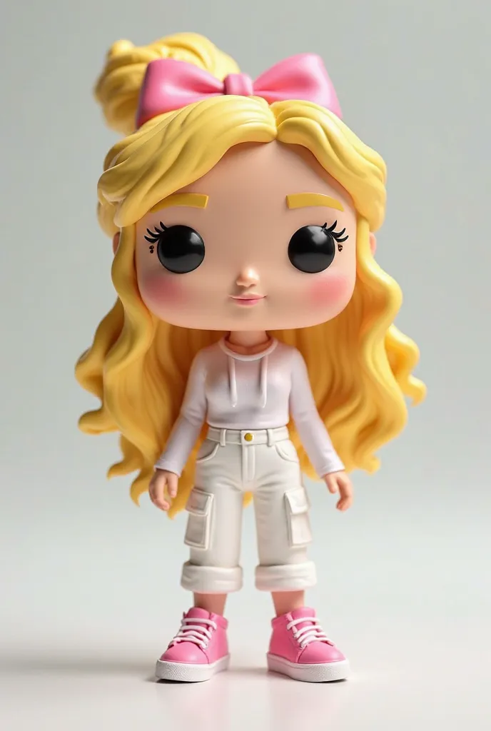 Create a Funco Pop by the name of Lívia with long wavy blonde hair and a pink bow, a white long-sleeved shirt, white cargo pants and pink sneakers. 