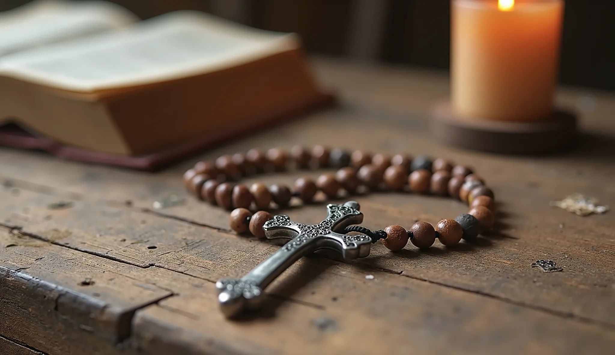 Realistic scene of a Christian rosary carefully placed on a rustic wooden table. The image should capture details such as the slightly worn beads and the metallic-finished cross, suggesting frequent use and devotion. Soft, natural lighting should create de...