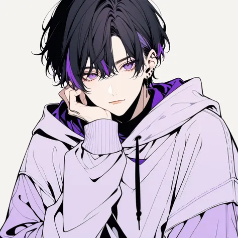  1 man is the coolest,handsome ,   black hair purple inner color,  short hair, purple eyes , line art ,  pastel colors , , handsome , upper body,earrings,
oversized jersey hoodie and stylish pants,upper BODY,
 , putting your hand on the cheek  ,Gothic Loli...