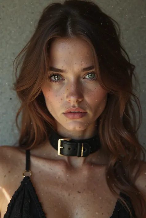 A beautiful young French woman with long, wavy hair and striking facial features, wearing a black leather dog collar around her neck.