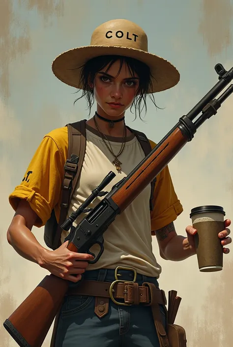 CREATE A SKINNY CHARACTER HOLDING A RIFLE UP AND IN THE OTHER HAND HOLDING A CUP, THE CHARACTER IS BRAZILIAN AND IN THE BACKGROUND IS A FAVELA, ON HIS CLOTHES A SHORT AND A SHIRT WRITTEN ''COLT ROLEPLAY'', ON HIS HAT WRITTEN ''COLT''