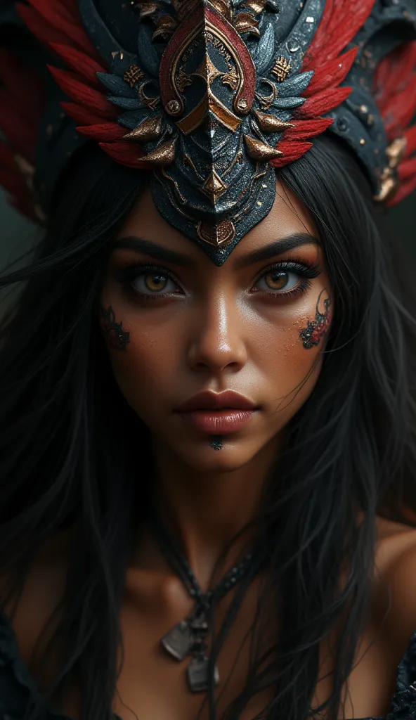 A primordial, fierce javanese mythical goddess of war, brutal and chaotic in aspect, impulsive and aggressive, radiating primal power, portrait of her face in extreme close-up, piercing gaze, chiseled features, ornate headdress, flowing hair, dramatic ligh...