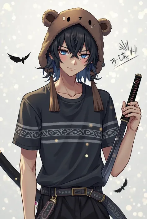 Black hair anime men with black woolen hat in the shape of a bear, black shirt with gray horizontal stripes, black and white pants, small black wings, mini katana sword