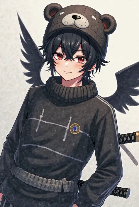 Black hair anime men with black woolen hat in the shape of a bear, black shirt with gray horizontal stripes, black and white pants, small black wings, mini katana sword