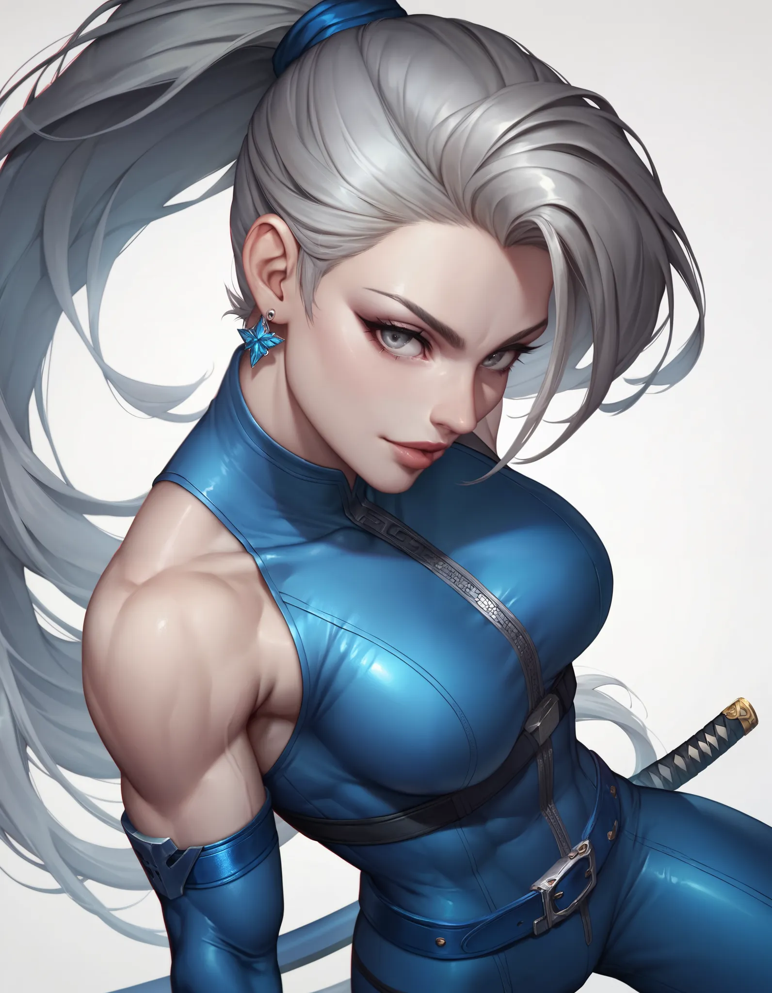 female blue sleeveless latex bodysuit with black stripe accent, blue belt, blue long tight pants, racerback, bare shoulders, long elbow gloves, blue gloves, toned arms, beautiful faces, silver ponytail with showing forehead, long sleek ponytail, earrings, ...