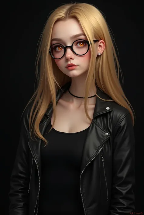 A girl that is 19 years old one of her eyes is demon orange eye the other eye is closed the girl also has a blonde long hair and she is wearing black tank top  and jacket a leather black one and also you can see a black backround she is also wearing glasse...