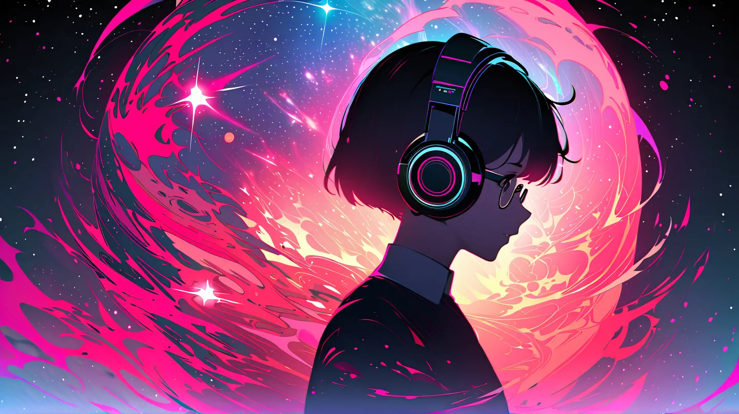  profile.(Super short hair:1.3),  brant bang, (((Underrim Glasses:1.3))), ( headphones :1.3), Inside the silhouette you can see the double exposure with a deep space, universe,  in the center supernova explosion, masterpiece, ((double exposure)), Proportio...