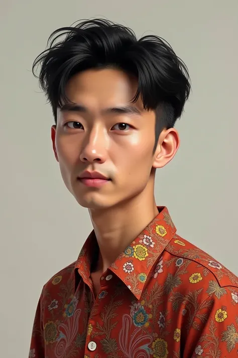 Realistic picture of Indonesian guy with face, he is 18 years old, and wears batik shirt, and has korean hair 