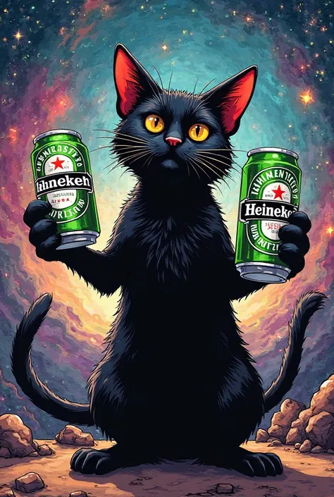 Black cat holding two Heineken in both hands and drawn in a comic book in front of a galaxy