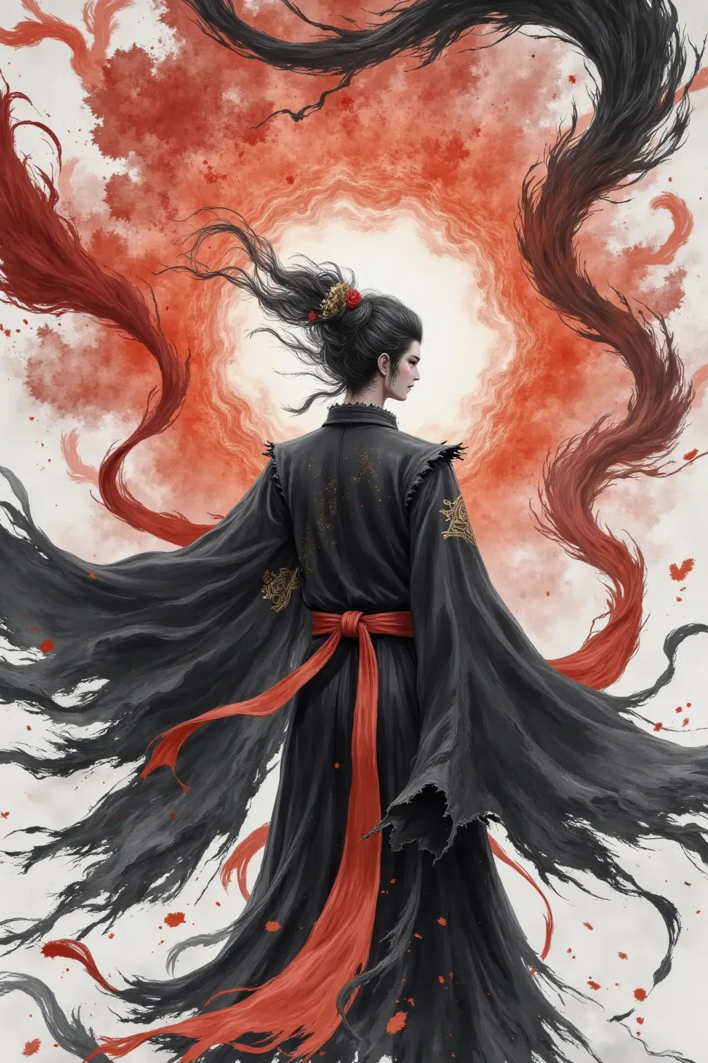 high quality, super realistic,4K,8k,Masterpiece,Extreme Details,Realism,Professional Photography,Chinese martial arts， Double arm， Black Feather Wings ，Chinese Ink Painting,huge flowing flowing long hair, Handsome Male ,Broken Robe,Dynamic action ,Mysterio...