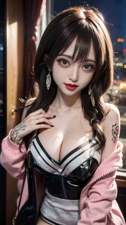 (masterpiece:1.3, photorealistic:1.5, 32K, Highest quality, masterpiece, super high definition), perfect dynamic composition, Professional Camera Work,  movie lights, ( Midnight:1.0), Dense city background, Detailed skin and facial textures:1.3, Cute and s...