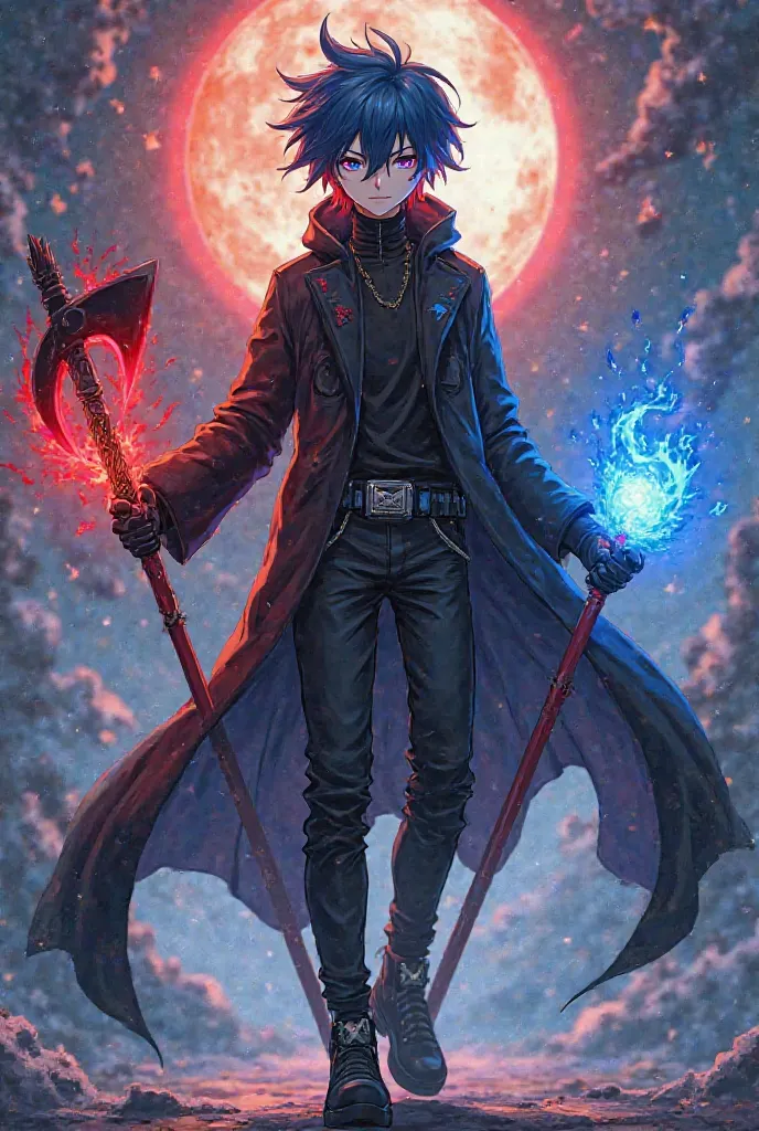 A tall handsome man with big blue hair with red tips one eye calls blue and the other eye calls red with black sweatshirt black pants black belt black boots and black gloves anime version and one hand holding the sun and the other hand holding a black sick...