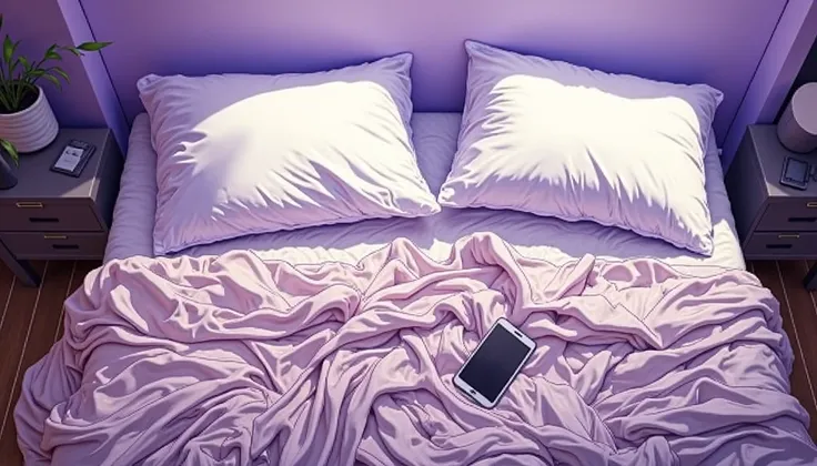 anime style。composition seen from directly above。Messy sheets on a white bed and２One pillow。Light purple wall 。 smartphone on the bed 。