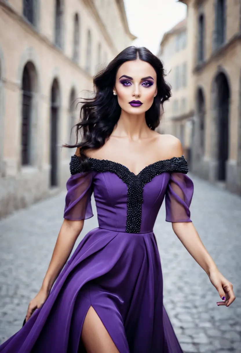 Very beautiful European woman, model, with a perfect face, makeup, with dark hair, dressed in a purple dress in black peas, trendy vintage, editorial, daylight, wind, 3: 4