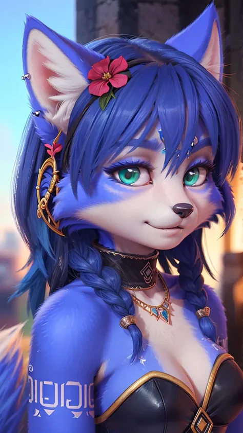 a portrait of   ((krystal)), Star Fox-Krystal, lovable,   green eyes, ((( Long blue hair 1 .3))),  cleavage, anthro, blurred,  detailed Fluffys fell, detailed face, (Fluffy),   1 girl, ,woman, Goth,   green eyes, Undercut, best quality,shadowed,Extreme Det...