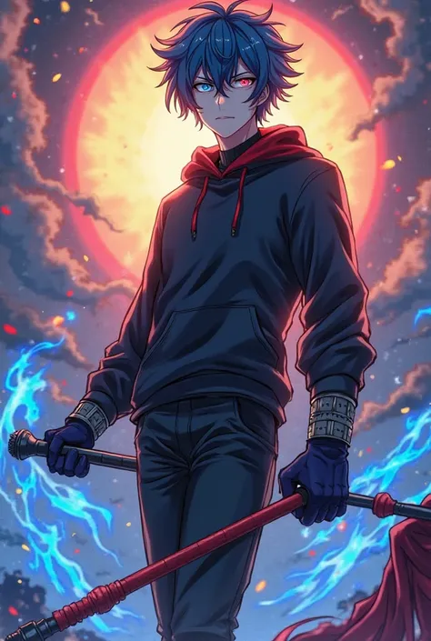 A tall handsome man with big blue hair with red tips one eye calls blue and the other eye calls red with black sweatshirt black pants black belt black boots and black gloves anime version and one hand holding the sun and the other hand holding a black sick...