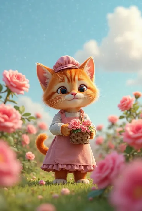 In 3d Pixar animation.
Character, an orange female tabby kitten wearing florist outfit
Action, kitten picking flowers  from the garden. Holding a basket
Background, rose garden with many roses. Blue sky and white clouds