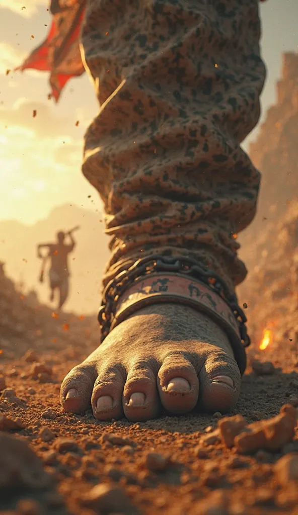 **First Shot: "The Bound Giant and Shattered Chains"**  
**Scene Description:**  
A low-angle shot dominated by the foot of a giant Palestinian draped in a keffiyeh, bound by rusted chains labeled "Occupation." In the blurred background, Netanyahu and Trum...