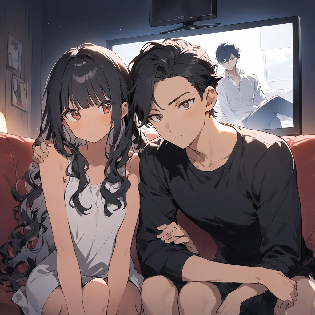 A guy and a girl sitting on the couch watching TV late at night, the young man has wavy hair at shoulder height and tanned skin and the girl is a Japanese woman with long black hair, they are sitting comfortably leaning against each other, they have a seri...