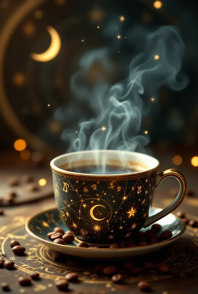 Create a cozy, mystical scene featuring a steaming cup of coffee with intricate zodiac symbols (like constellations or astrological signs) swirling in the steam. The background should have a dreamy, celestial vibe with soft glowing stars, a warm color pale...