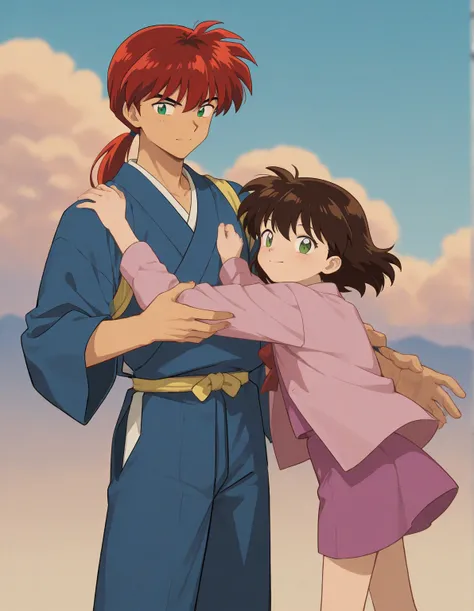 One little 11 boy that is a sixth grade primary school student. He has really short red hair and green eyes wearing a blue uniform. He is daring. Handsome. Inuyasha anime character art style. High quality. 