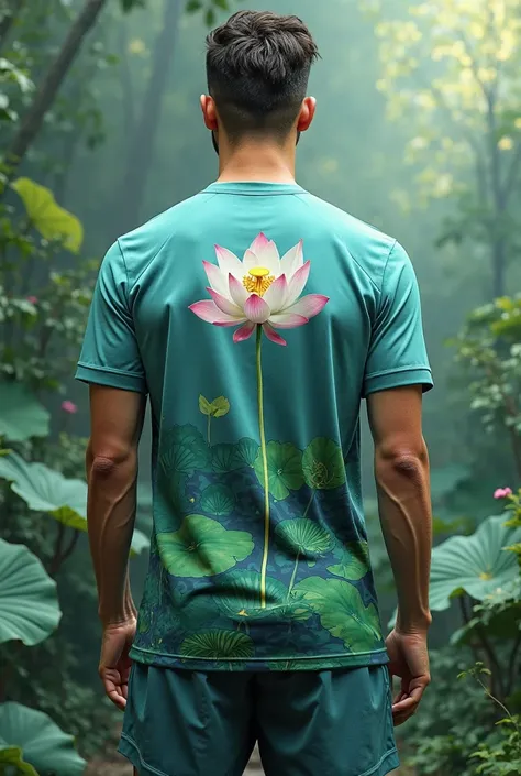 green and blue jersey design with lotus flower, nature style background, front and back, name at the back of jersey like footballers