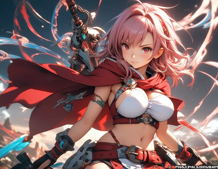 anime girl with a red cape and a red belt, breasts covered and sfw, from xenoblade chronicles, loli, pixiv 3dcg, biomechanical oppai, covered breasts, from final fantasy xiii, guilty gear art style, made with anime painter studio, fluffy chest, cushart kre...