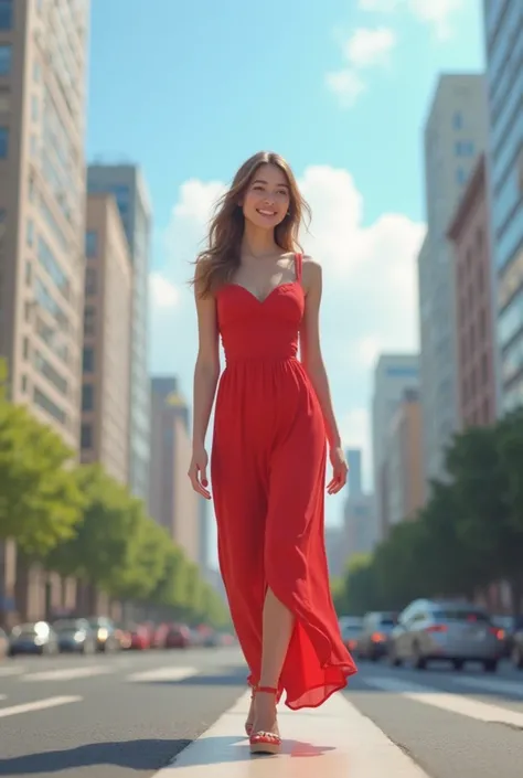 "Create a CGI image of a beautiful woman walking on the edge of a building by the road. She is wearing a red dress and smiling, exuding a cheerful and confident vibe. The background should include a busy city street with buildings towering in the distance....