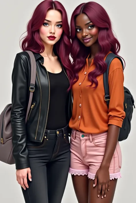 Make a girl with medium burgundy and smooth hair,  wearing black jeans , a black tank top and a black leather jacket over the top. She wears a gray backpack on her arm and a burgundy lipstick. She's serious for photo . Next to her is a black girl with long...