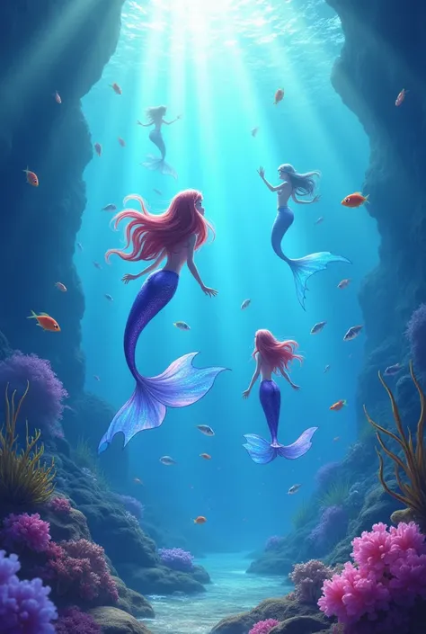 Moving image of the sea with mermaids swimming, Fishes swimming around, Bubbles. 8k Disney style. With purple and pink color palette